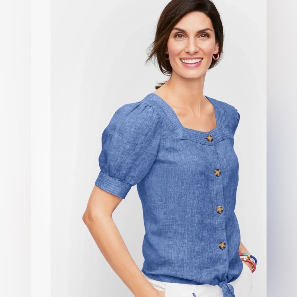 Talbots Blue Linen Cotton Square Neck Blouse -Talbots Size Medium-